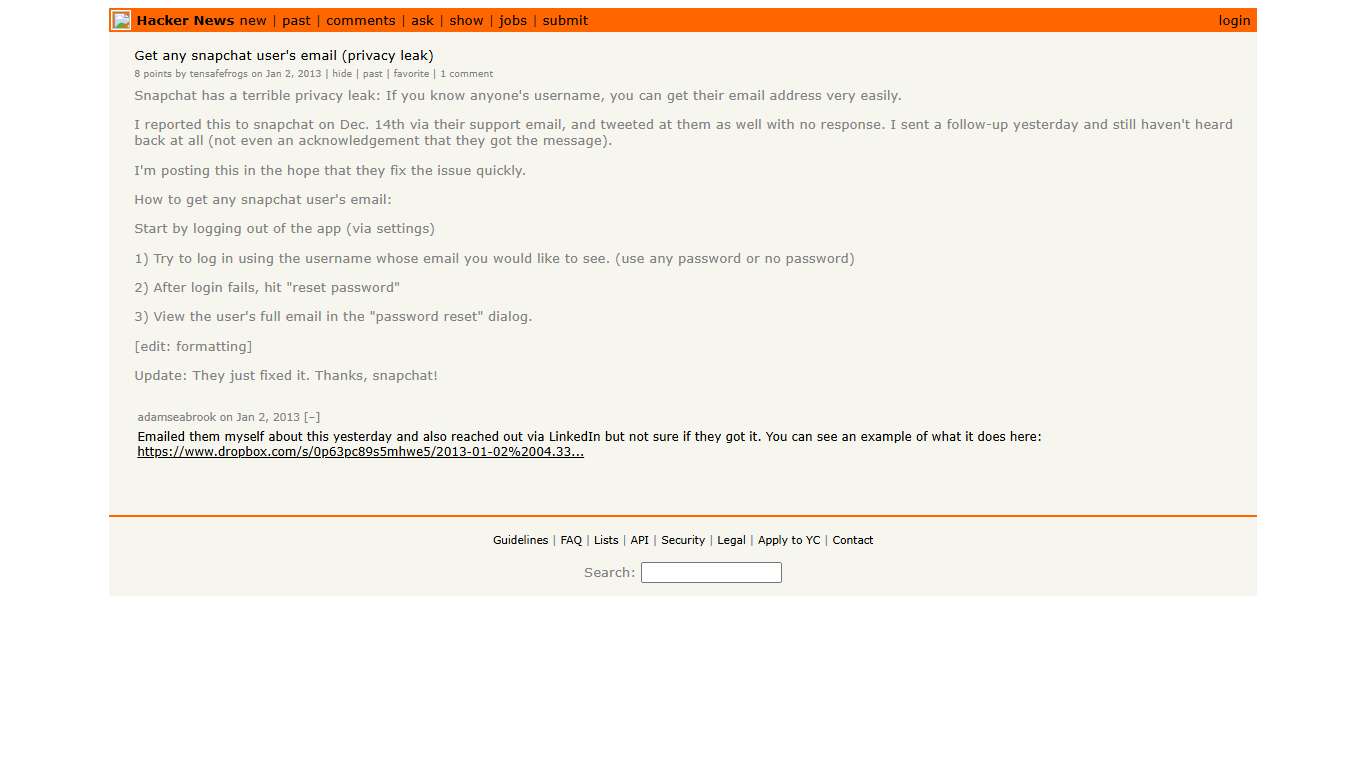 Get any snapchat user's email (privacy leak) | Hacker News